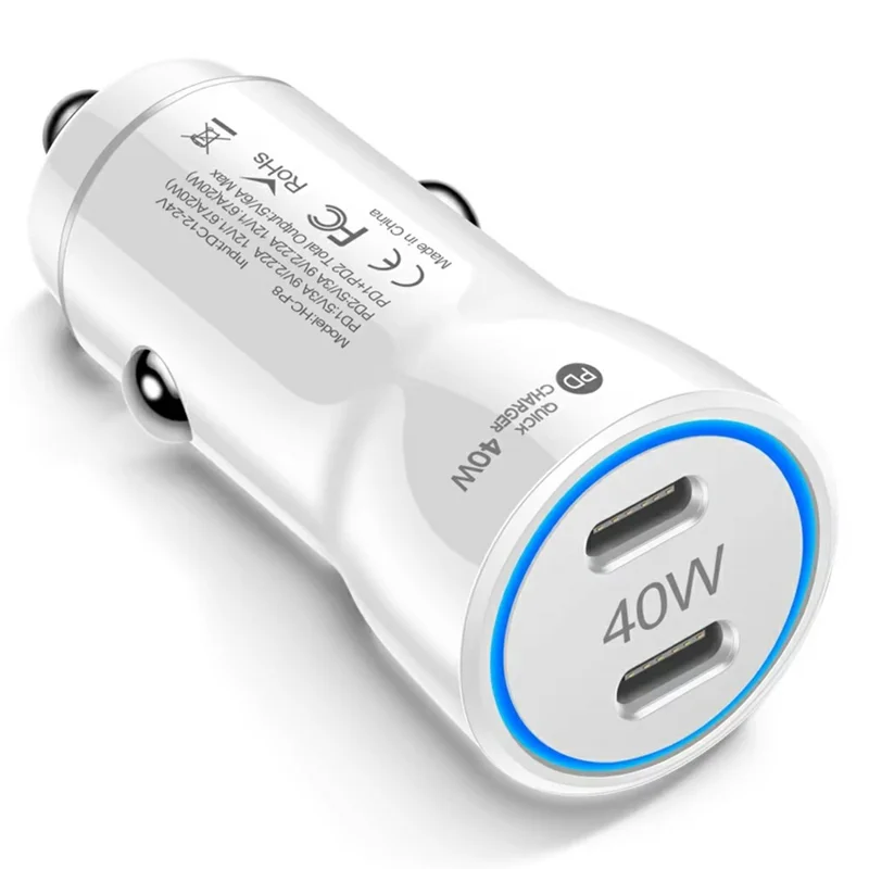 Cargador de coche portátil con puertos USB C duales, adaptador de carga rápida PD 40W con anillo de luz LED azul - Blanco
