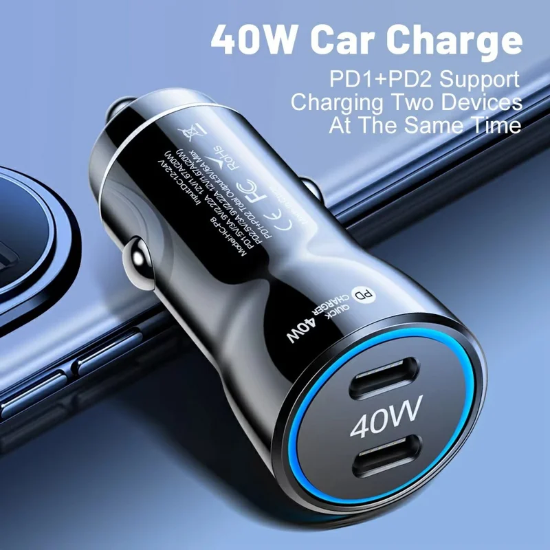 Cargador de coche portátil con puertos USB C duales, adaptador de carga rápida PD 40W con anillo de luz LED azul - Blanco
