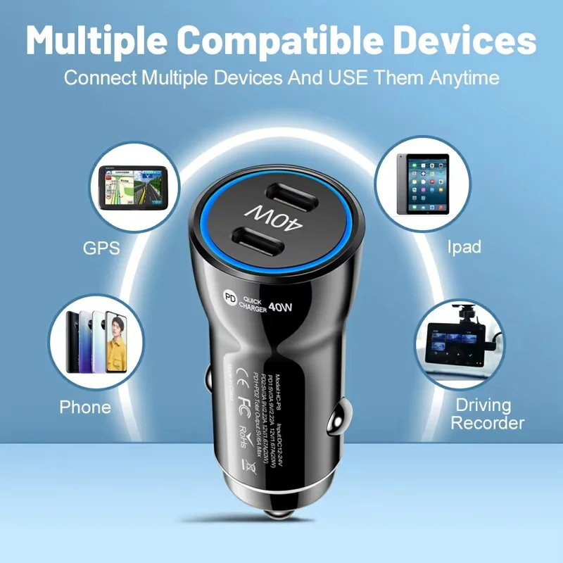 Cargador de coche portátil con puertos USB C duales, adaptador de carga rápida PD 40W con anillo de luz LED azul - Blanco