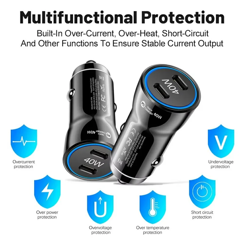 Cargador de coche portátil con puertos USB C duales, adaptador de carga rápida PD 40W con anillo de luz LED azul - Blanco