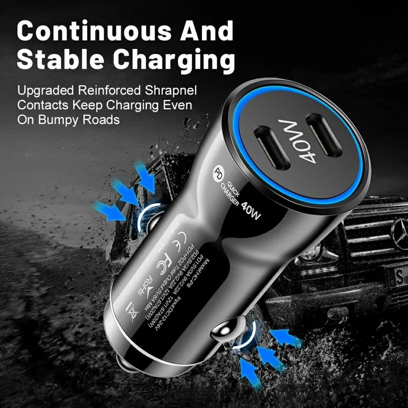 Cargador de coche portátil con puertos USB C duales, adaptador de carga rápida PD 40W con anillo de luz LED azul - Blanco