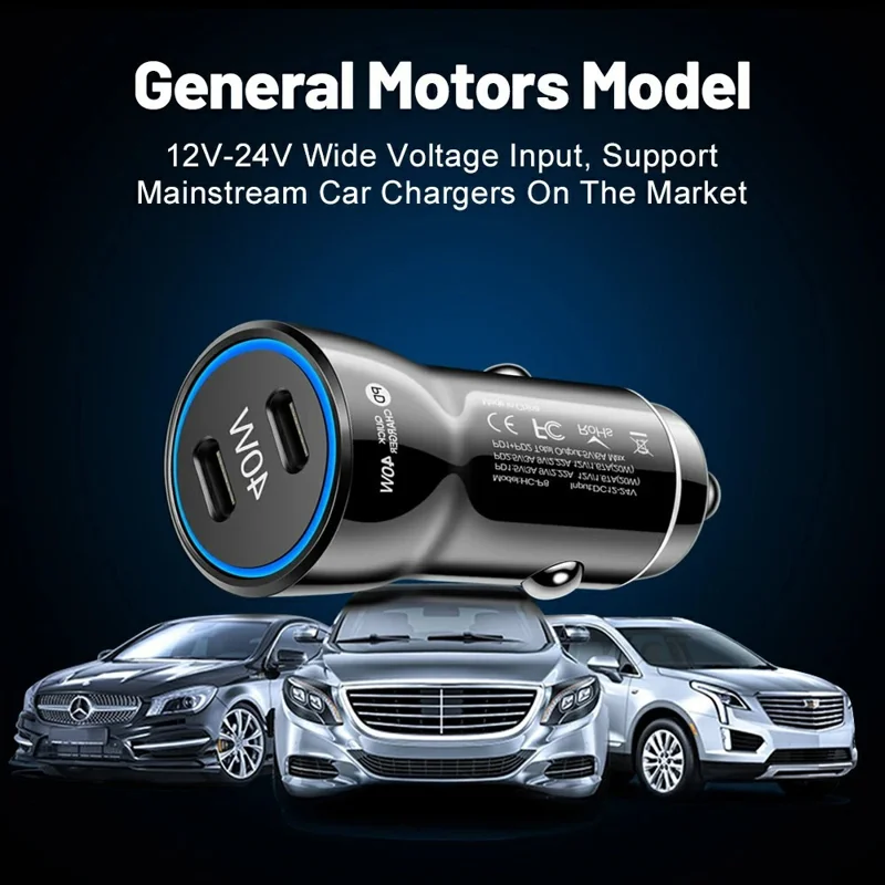 Cargador de coche portátil con puertos USB C duales, adaptador de carga rápida PD 40W con anillo de luz LED azul - Blanco