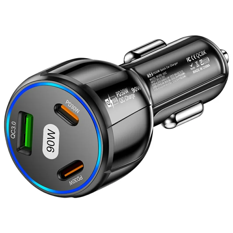 90W 3 Port Car Charger QC3.0 USB + PD 30W USB C Fast Charging Adapter for iPhone Samsung Xiaomi - Black