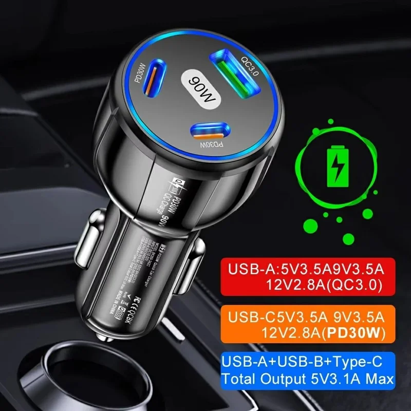 90W 3 Port Car Charger QC3.0 USB + PD 30W USB C Fast Charging Adapter for iPhone Samsung Xiaomi - Black