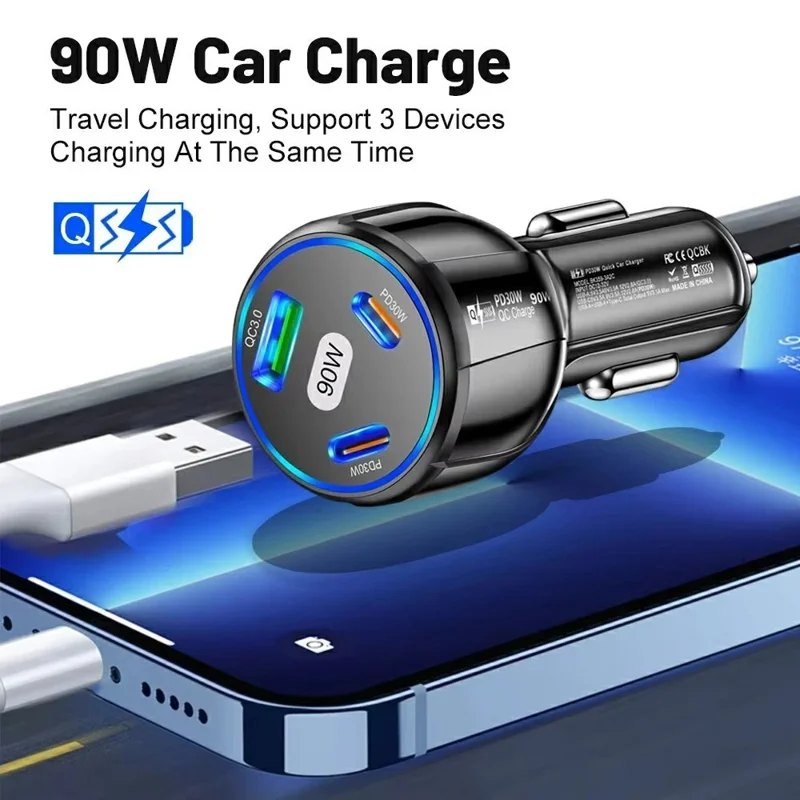 90W 3 Port Car Charger QC3.0 USB + PD 30W USB C Fast Charging Adapter for iPhone Samsung Xiaomi - Black
