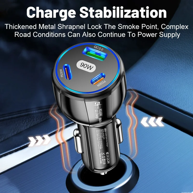 90W 3 Port Car Charger QC3.0 USB + PD 30W USB C Fast Charging Adapter for iPhone Samsung Xiaomi - Black