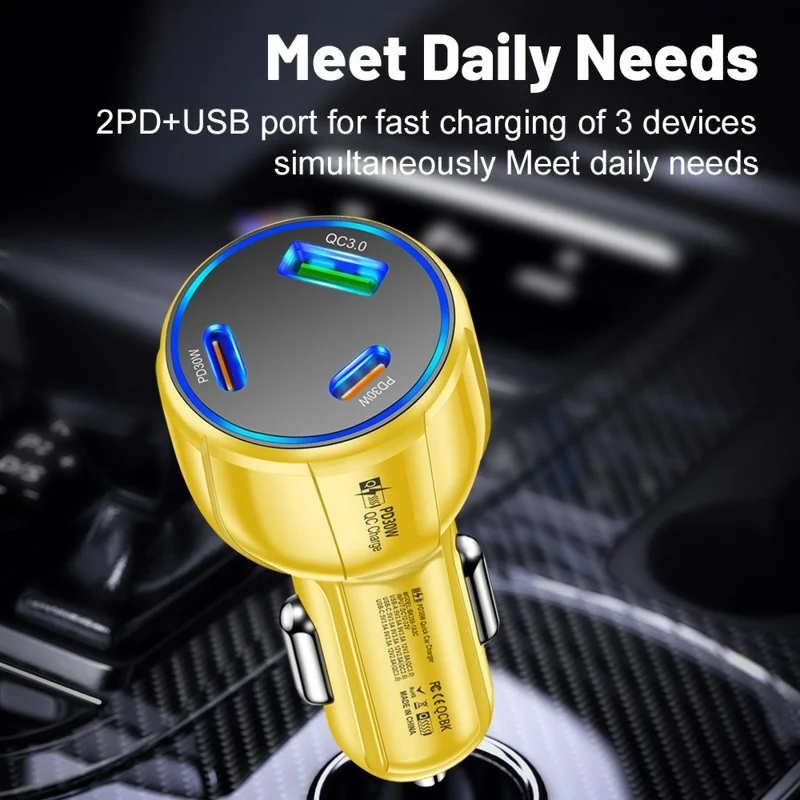 90W 3 Port Car Charger QC3.0 USB + PD 30W USB C Fast Charging Adapter for iPhone Samsung Xiaomi - Black