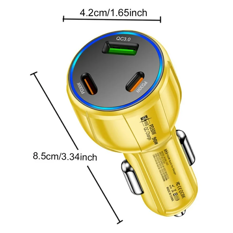 90W 3 Port Car Charger QC3.0 USB + PD 30W USB C Fast Charging Adapter for iPhone Samsung Xiaomi - Black