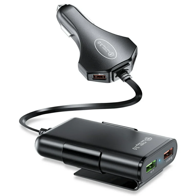 4 USB Ports Car Charger 3.1A QC3.0 Fast Charging Adapter with 5.6ft Cable for Front and Rear Seat Passengers - Black