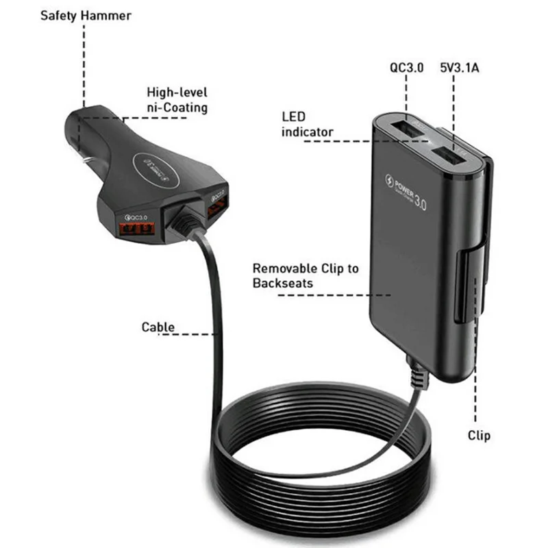 4 USB Ports Car Charger 3.1A QC3.0 Fast Charging Adapter with 5.6ft Cable for Front and Rear Seat Passengers - Black