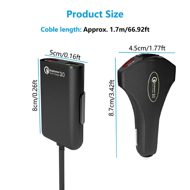 4 USB Ports Car Charger 3.1A QC3.0 Fast Charging Adapter with 5.6ft Cable for Front and Rear Seat Passengers - Black