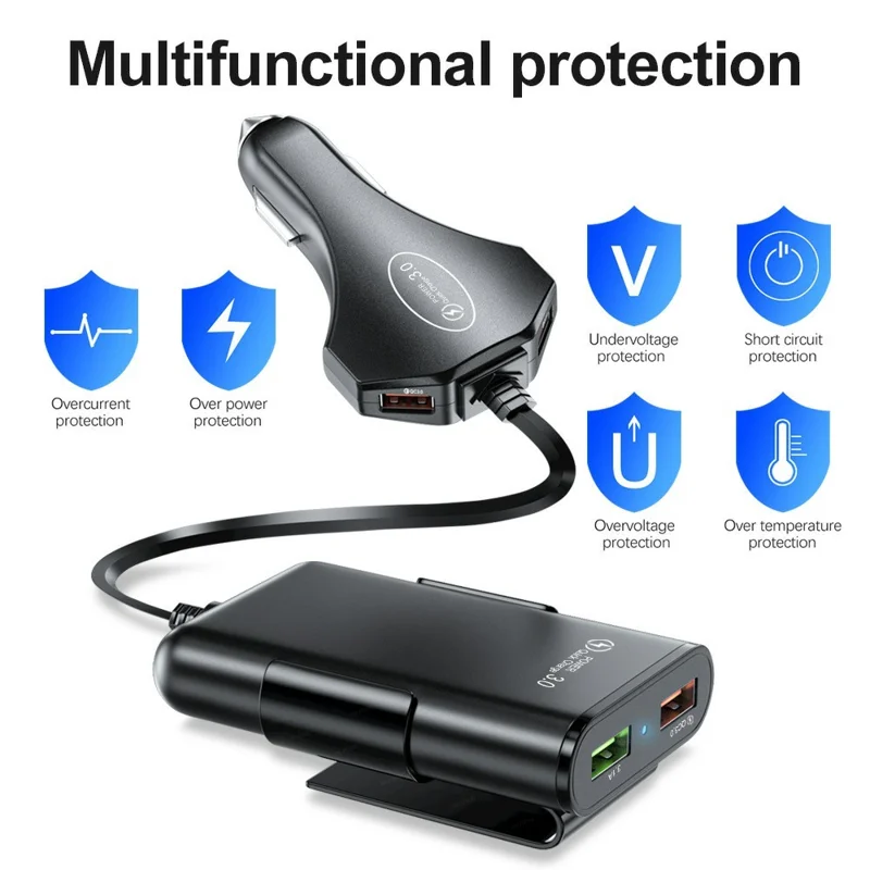 4 USB Ports Car Charger 3.1A QC3.0 Fast Charging Adapter with 5.6ft Cable for Front and Rear Seat Passengers - Black