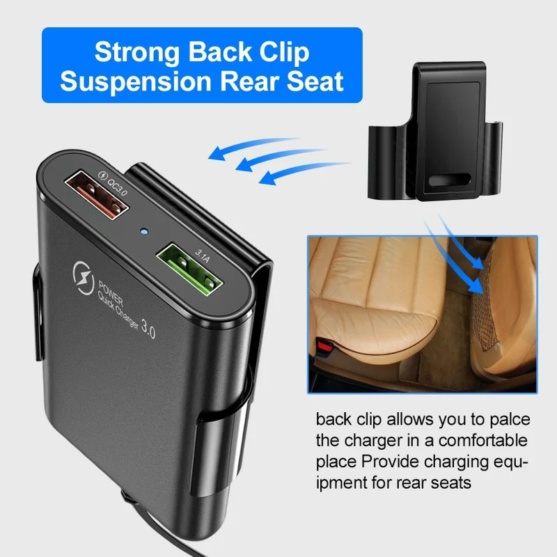 4 USB Ports Car Charger 3.1A QC3.0 Fast Charging Adapter with 5.6ft Cable for Front and Rear Seat Passengers - Black