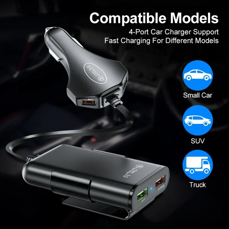 4 USB Ports Car Charger 3.1A QC3.0 Fast Charging Adapter with 5.6ft Cable for Front and Rear Seat Passengers - Black