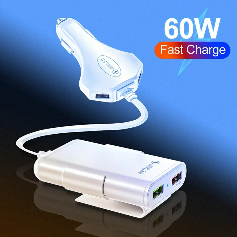 4 USB Ports Car Charger 3.1A QC3.0 Fast Charging Adapter with 5.6ft Cable for Front and Rear Seat Passengers - Black