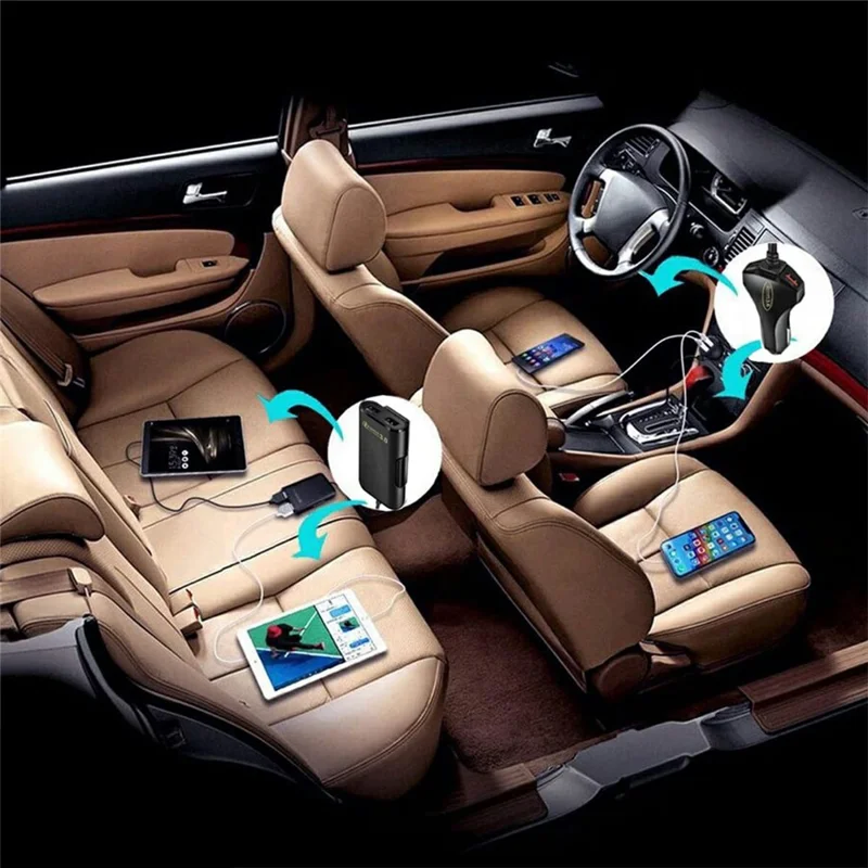 4 USB Ports Car Charger 3.1A QC3.0 Fast Charging Adapter with 5.6ft Cable for Front and Rear Seat Passengers - Black