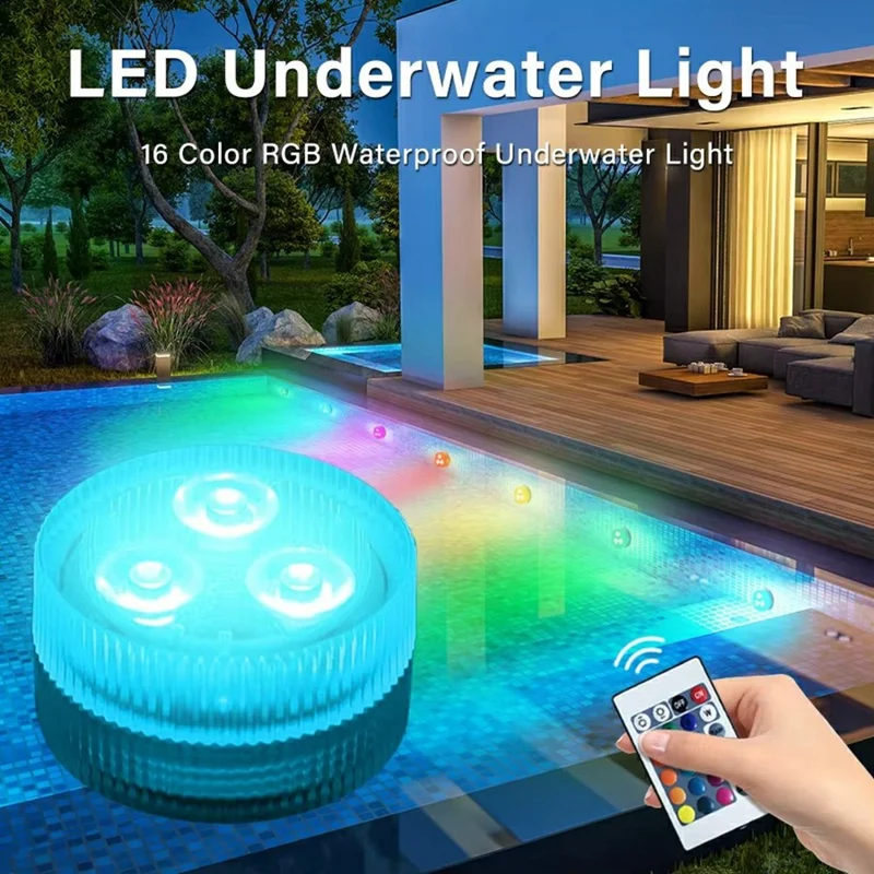 2Pcs RGB LED Underwater Light 16 Colors Fish Tank Decorative Light IP68 Waterproof Submersible Pool Lamp with Remote