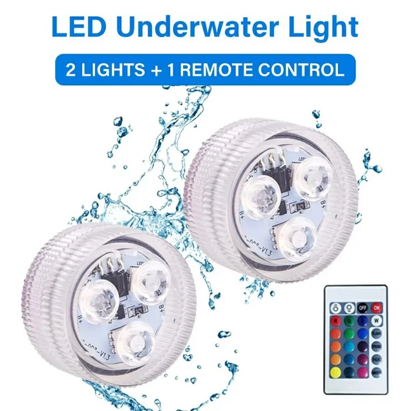 2Pcs RGB LED Underwater Light 16 Colors Fish Tank Decorative Light IP68 Waterproof Submersible Pool Lamp with Remote
