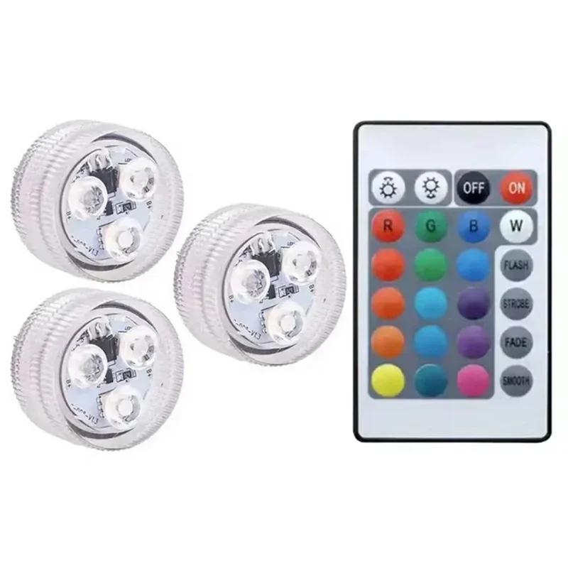 3Pcs RGB LED Underwater Light 16 Colors Fish Tank Decorative Light IP68 Waterproof Submersible Pool Lamp with Remote
