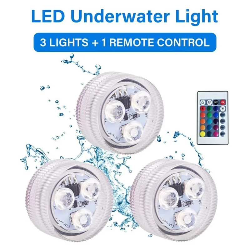 3Pcs RGB LED Underwater Light 16 Colors Fish Tank Decorative Light IP68 Waterproof Submersible Pool Lamp with Remote