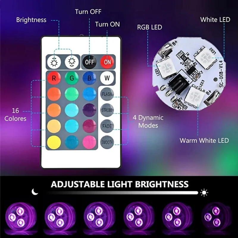 3Pcs RGB LED Underwater Light 16 Colors Fish Tank Decorative Light IP68 Waterproof Submersible Pool Lamp with Remote