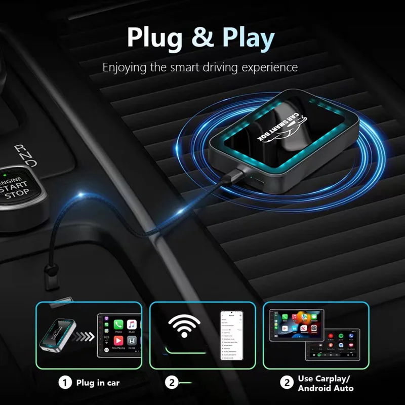 Adaptateur de mise à niveau sans fil pour voiture 2 en 1 AI Box CarPlay Android Auto, prise en charge de la navigation, de la musique et du mirroring HD