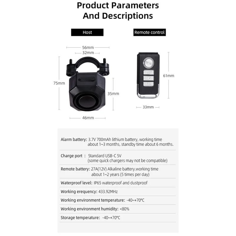 SF32 Waterproof Motorcycle Anti Theft Alarm USB Rechargeable Wireless Bicycle Alarm System with Remote