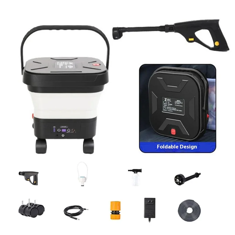 LCD Display Folding Car Wash Water Tank Portable High Pressure Car Washer with Bucket, EU Plug - White