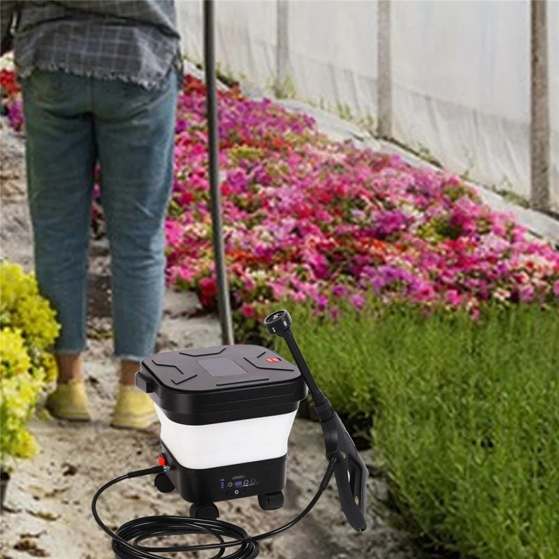 LCD Display Folding Car Wash Water Tank Portable High Pressure Car Washer with Bucket, EU Plug - White