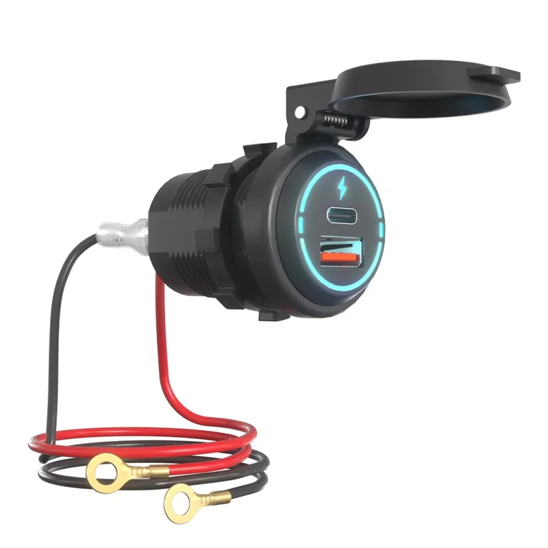 USB + Type C Dual Port Fast Car Charger with Spring Cover Waterproof Charging Adapter for Motorcycle