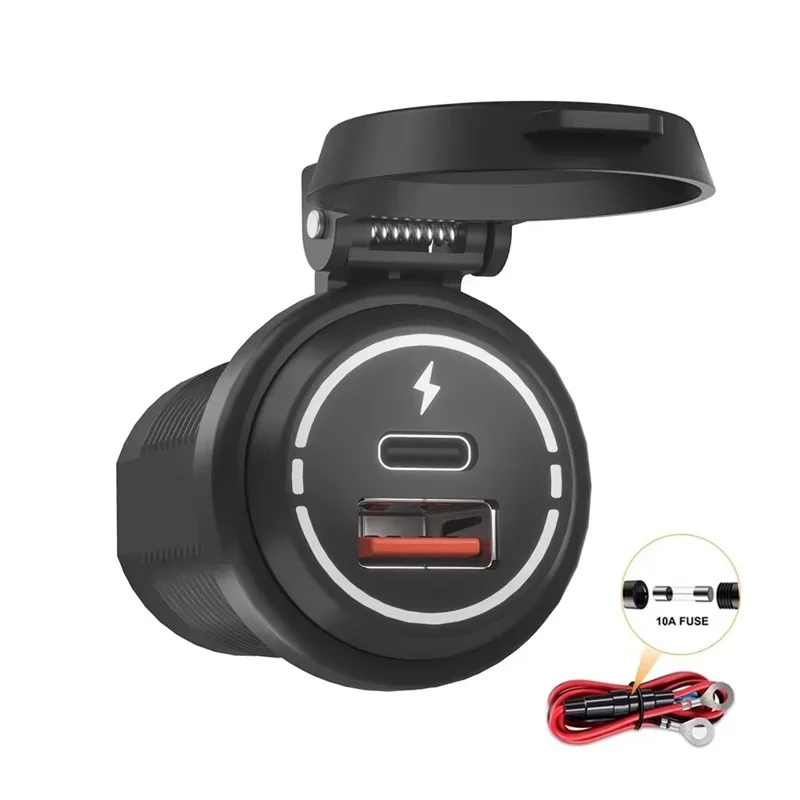 USB + Type C Dual Port Fast Car Charger with Spring Cover Waterproof Charging Adapter for Motorcycle