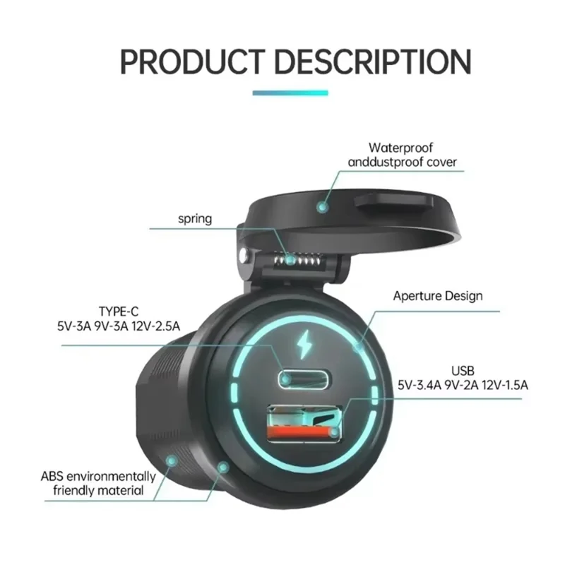 USB + Type C Dual Port Fast Car Charger with Spring Cover Waterproof Charging Adapter for Motorcycle