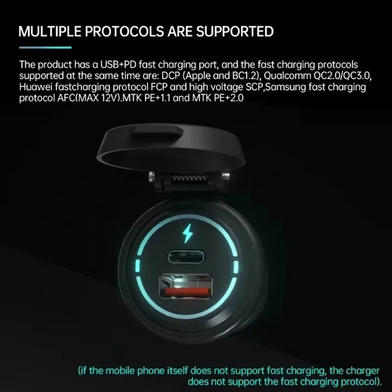 USB + Type C Dual Port Fast Car Charger with Spring Cover Waterproof Charging Adapter for Motorcycle