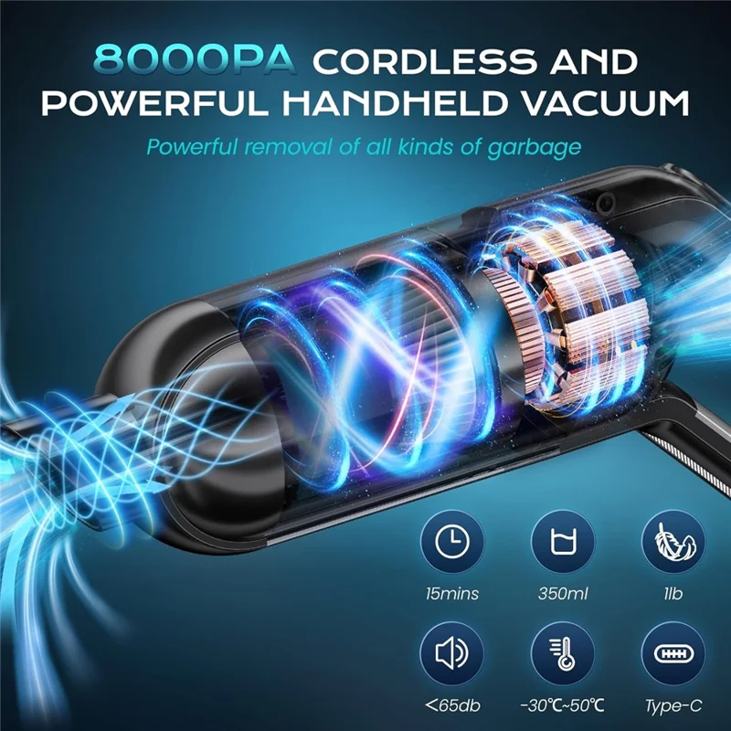 Handheld Car Vacuum Cleaner 8kPa Powerful Suction Low Noise Cordless Dust Blower with LED Light - Black