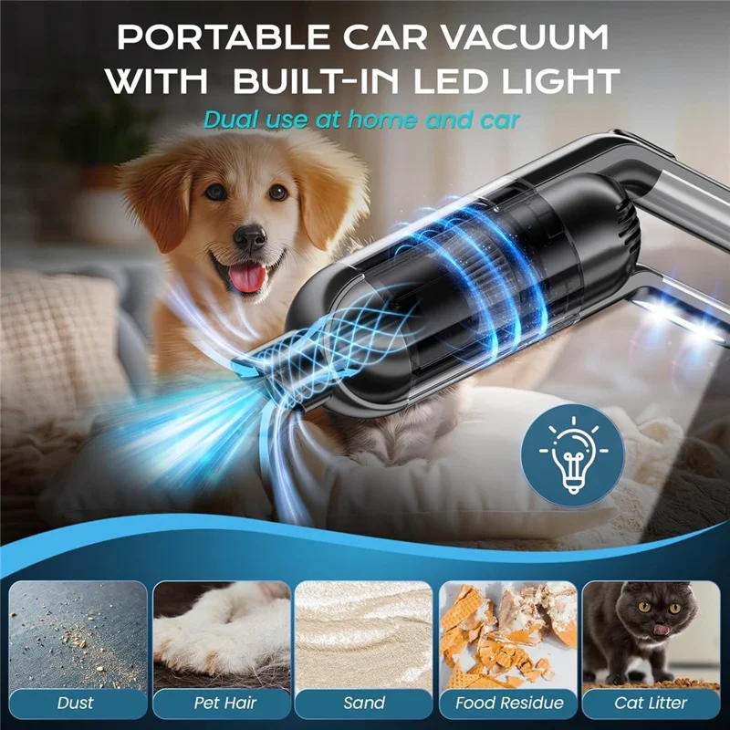 Handheld Car Vacuum Cleaner 8kPa Powerful Suction Low Noise Cordless Dust Blower with LED Light - Black