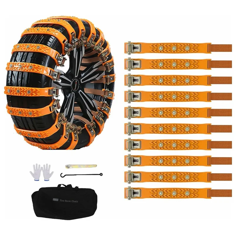 10Pcs Car Tire Snow Chains Universal Anti Skid Emergency Traction with Gloves and Hooks for SUV Truck Off-Road Vehicle
