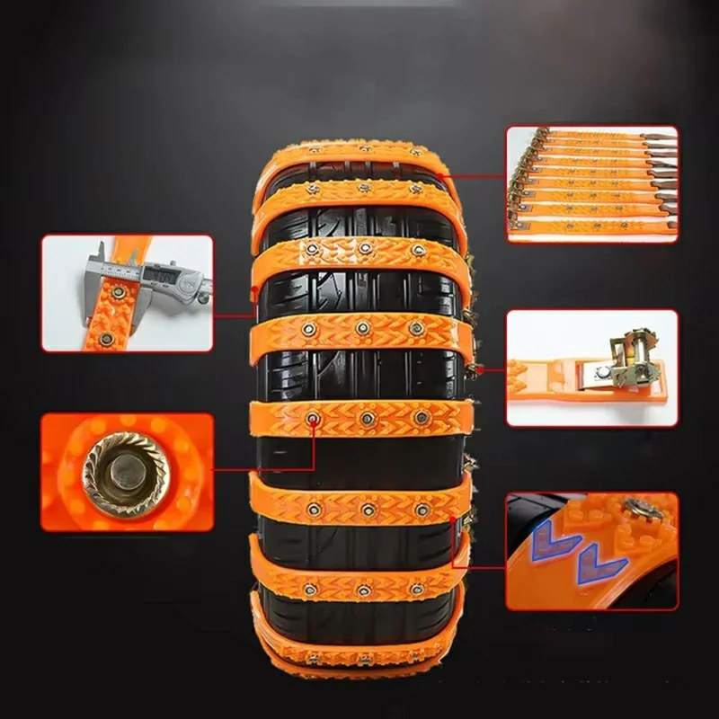 8Pcs Car Tire Snow Chains Universal Anti Skid Emergency Traction with Gloves and Hooks for SUV Truck Off-Road Vehicle