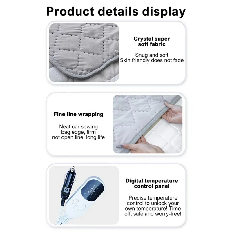 150 x 180cm 12V Car Electric Heated Blanket 4 Levels Temperature Adjustable Heating Pad for RV Truck Sedan - Light Grey