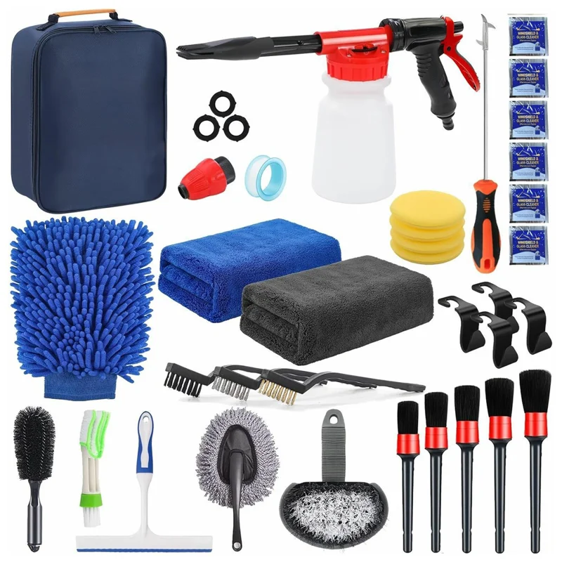 Kit de 38 outils de lavage de voiture avec pistolet à mousse, brosse électrique, nettoyant de vitres et ensemble de brosses de détail