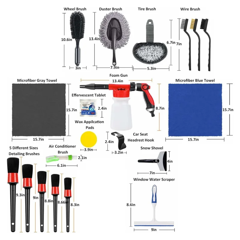 Kit de 38 outils de lavage de voiture avec pistolet à mousse, brosse électrique, nettoyant de vitres et ensemble de brosses de détail