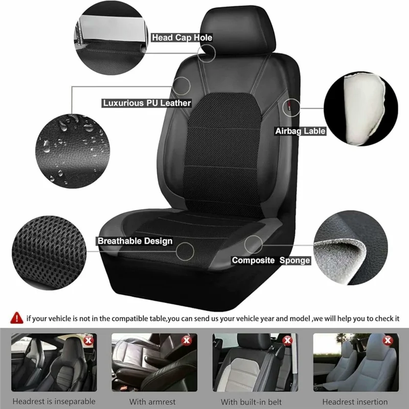 9Pcs Car Seat Covers Full Set Automotive Front Back Seat Bench Protectors - Grey