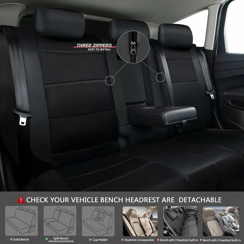 9Pcs Car Seat Covers Full Set Automotive Front Back Seat Bench Protectors - Grey