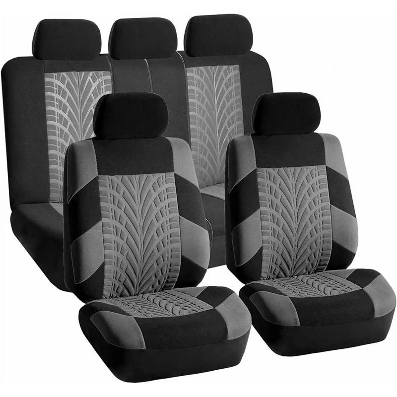 9Pcs Car Seat Covers Full Set Automotive 5-Seats Front Rear Covers Headrest Protectors - Grey