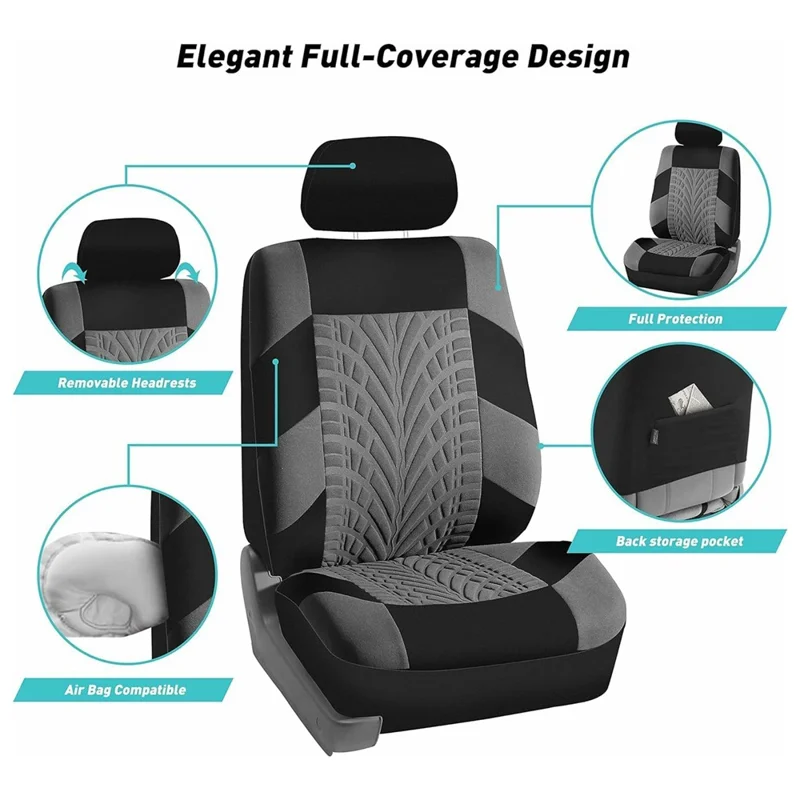 9Pcs Car Seat Covers Full Set Automotive 5-Seats Front Rear Covers Headrest Protectors - Grey