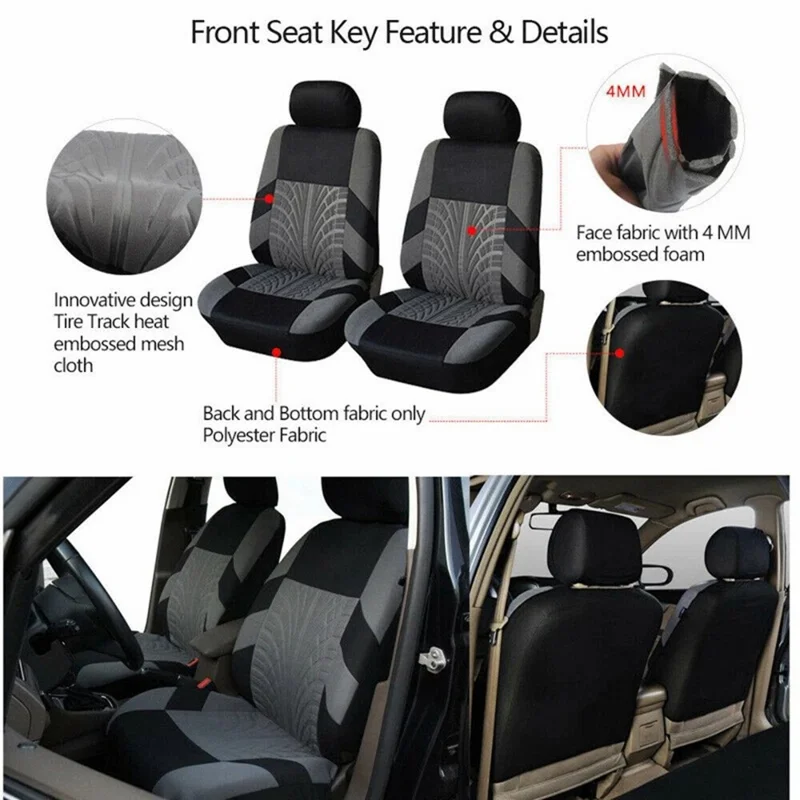 9Pcs Car Seat Covers Full Set Automotive 5-Seats Front Rear Covers Headrest Protectors - Grey
