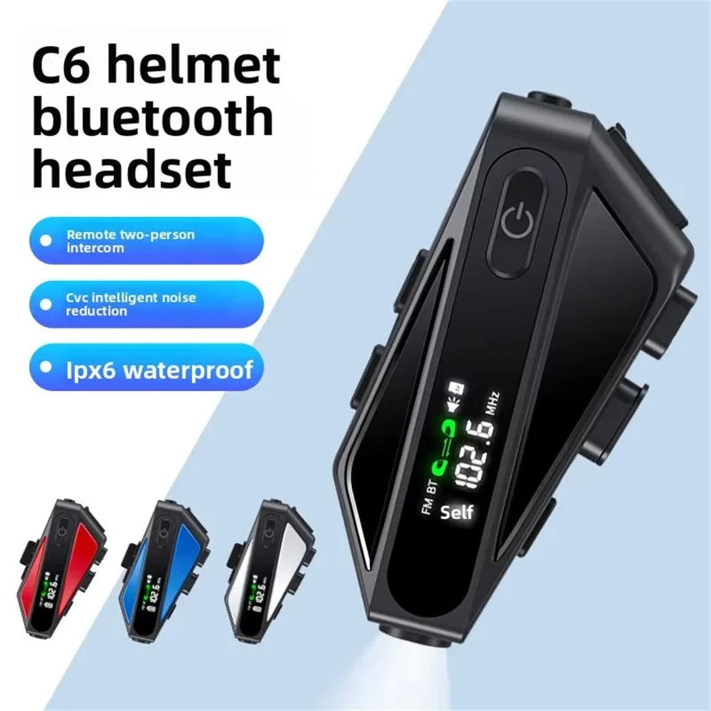 C6 Motorcycle Helmet Bluetooth-Compatible Headset with LCD Screen  /  FM Radio  /  Noise Cancellation  /  Voice Assistant, Hard Mic - Black