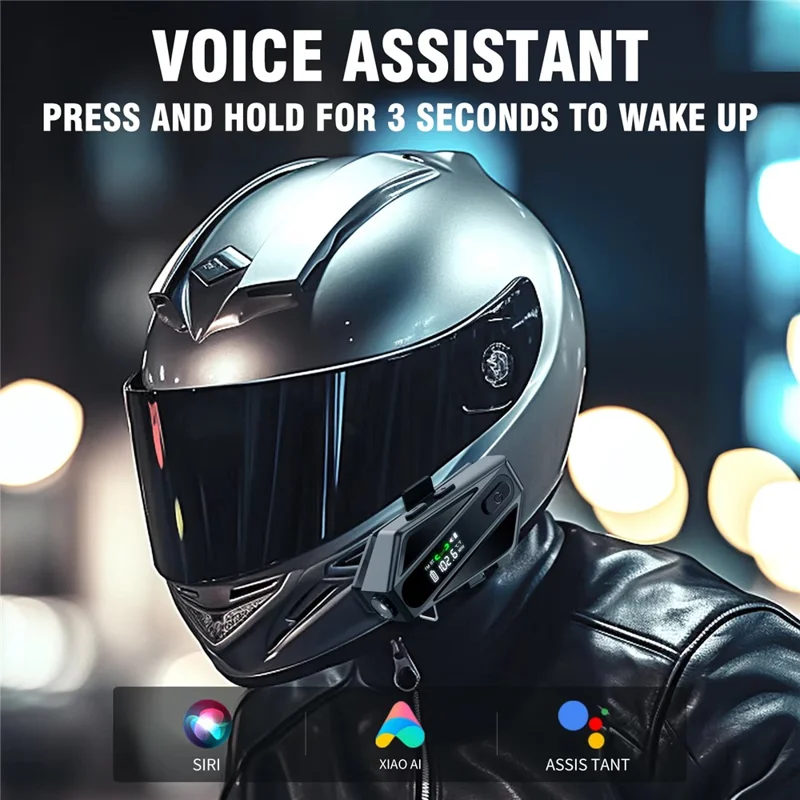 C6 Motorcycle Helmet Bluetooth-Compatible Headset with LCD Screen  /  FM Radio  /  Noise Cancellation  /  Voice Assistant, Hard Mic - Black