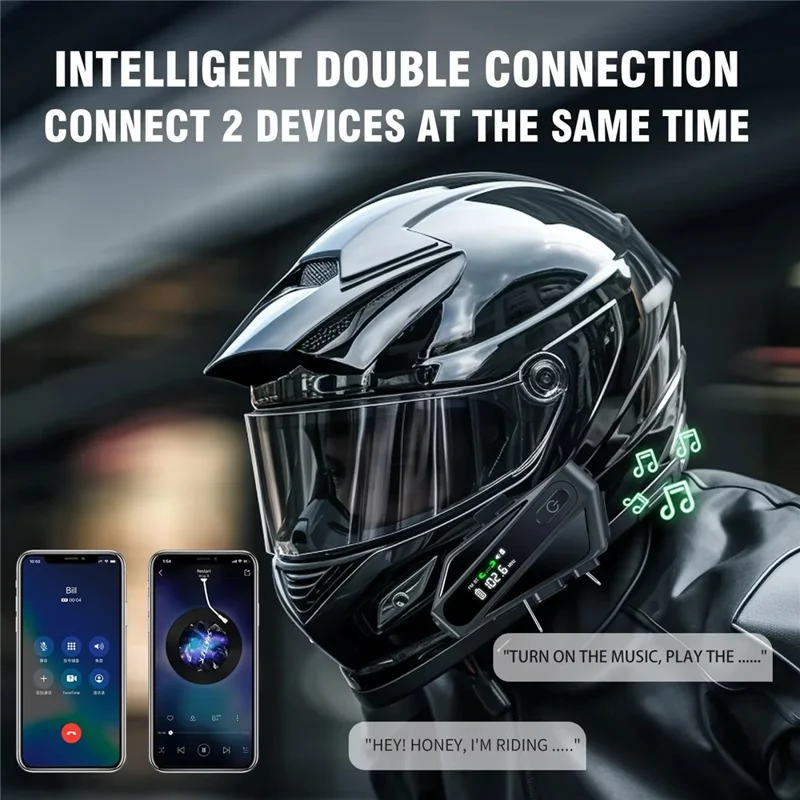 C6 Motorcycle Helmet Bluetooth-Compatible Headset with LCD Screen  /  FM Radio  /  Noise Cancellation  /  Voice Assistant, Hard Mic - Black