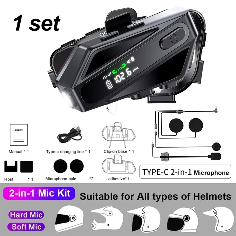C6 Motorcycle Helmet Bluetooth-Compatible Headset with LCD Screen  /  FM Radio  /  Noise Cancellation  /  Voice Assistant, Hard Mic - Black