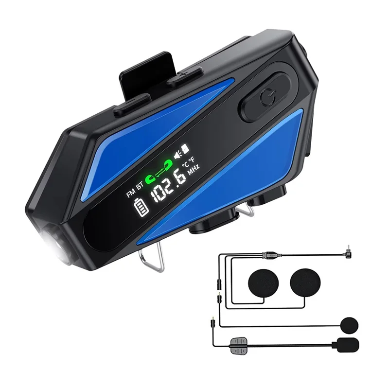 C6 Motorcycle Helmet Bluetooth-Compatible Headset with LCD Screen  /  FM Radio  /  Noise Cancellation  /  Voice Assistant, Hard Mic - Blue